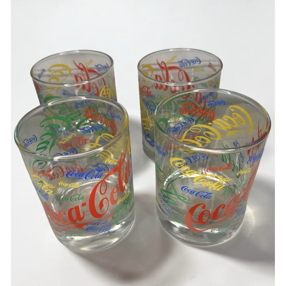 Vintage Coca-Cola Coke Libbey Script 4/color Rocks glasses–Set of‎ 4. 1980s